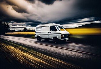 Obraz na płótnie Canvas Speeding van delivers along rural road. Generative AI