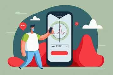 Diabetic man control sugar and insulin in his blood, using online app on modern smartphone after sport training. Flat cartoon illustration generative AI