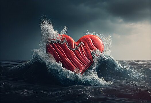 A big red heart in turbulent waters on a stormy day. Generative AI