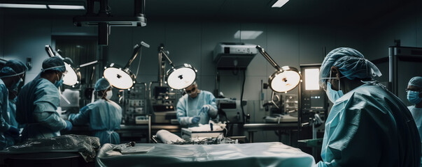 Focused surgeon in a sterile operating room, ready to make precise incisions. Surgical team stands by, highlighting the precision and skill required of a surgeon to save lives. Generative AI
