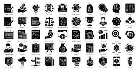 Stock Market Glyph Icons Investment Stocks Icon Set in Glyph Style 50 Vector Icons in Black