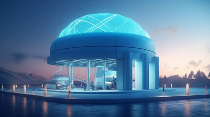 Obraz premium Hydrogen production from renewable energy sources, Hydrogen fuel station at sunset. AI Generative.