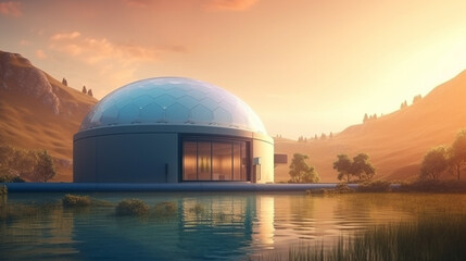 Obraz premium Hydrogen production from renewable energy sources, Hydrogen fuel station at sunset. AI Generative.