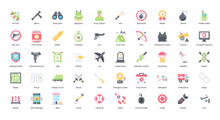 War Flat Icons Army Military Fight Icon Set in Color Style 50 Vector Icons