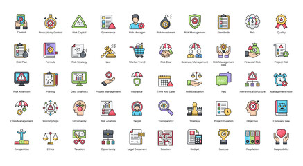 Risk Management Filled Line Icons Finance Risk Business Icon Set in Color Outline Style 50 Vector Icons