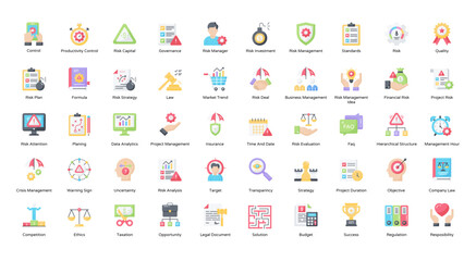 Risk Management Flat Icons Finance Risk Business Icon Set in Color Style 50 Vector Icons