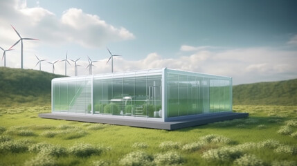 Fototapeta premium New energy sources, hydrogen power station with green grass field.Generative Ai.