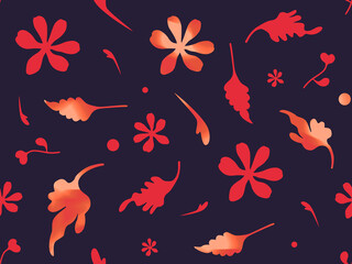 Seamless floral pattern red navy blue orange simple leaf flowers pattern repeated delicate background vintage retro textile fabric contrast
