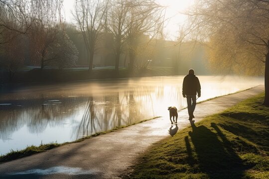 Man walking w ith his dog in a park by sidewalk on a foggy spring morning. Generative AI.