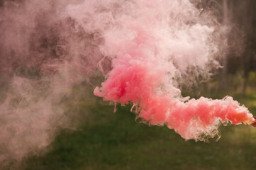 Pink smoke from a smoke bomb in nature