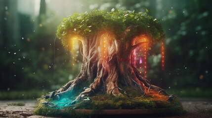 Fototapeta na wymiar Beautiful illustration of the symbolic magic tree of life.The EV charging station explodes with colorful tree roots. Generative AI.