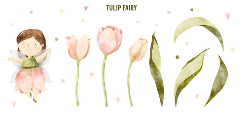 Tulip flower watercolor illustration. Cute fairy clip art. Nursery kid illustration. Floral greenery botanical graphic set. Nature leaf girl collection. Spring summer illustration for kids