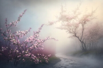 Obraz na płótnie Canvas A branch of cherry blossoms with a pink background Generative AI 