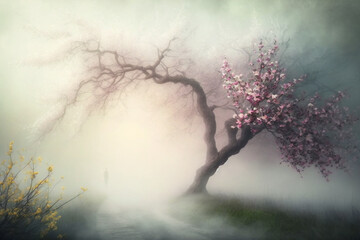Scene with blossoming tree with pink flowers in the fog Generative AI