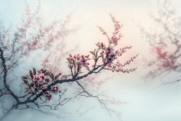 A branch of cherry blossoms with a pink background Generative AI
