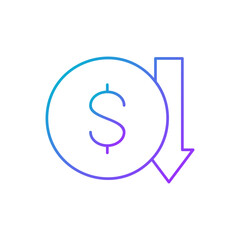 Coin with down arrow, money interest rate reduction gradient lineal icon. Finance, payment, invest finance symbol design.