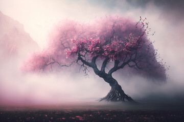Fototapeta na wymiar Scene with blossoming tree with pink flowers in the fog Generative AI