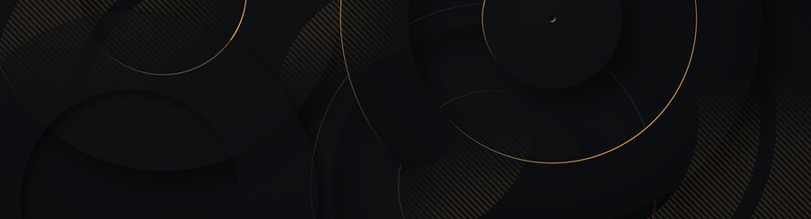 Luxury hexagonal abstract black metal background with golden light circular lines. Dark 3d geometric texture illustration. Bright round pattern. Pure black horizontal banner wallpaper. Carbon elegant 