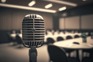 Vintage microphone in conference room with blurred light background, abstract illustration, Generative Ai