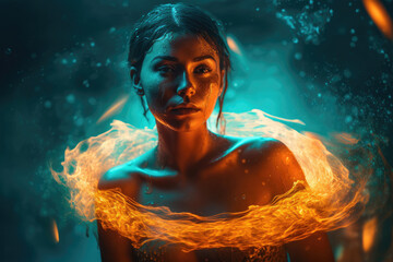 Fototapety  Spiritual esoteric new age tribal girl purified in a ritual by water anf ring of fire with copy space, generative ai