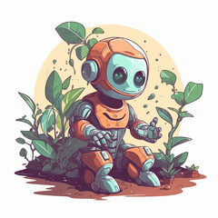 Cute cartoon robot tending the garden. Vector illustration of technology helping the environment. Earth day.