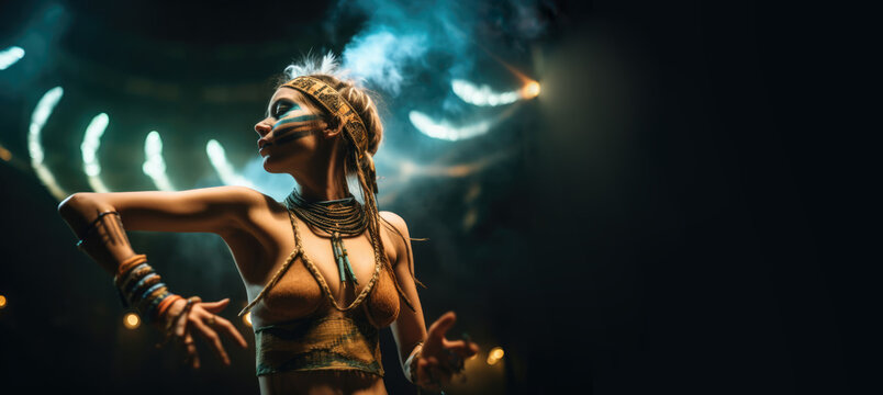 Spiritual esoteric new age tribal girl performing a ritual dance with spotlights in the background and copy space, generative ai