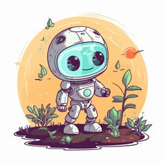 Cute cartoon robot tending the garden. Vector illustration of technology helping the environment. Earth day.