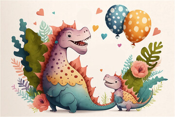 Watercolor illustration of cute dinosaur with colorful balloons. Greeting birthday card, poster, banner for children. Vintage. AI generated