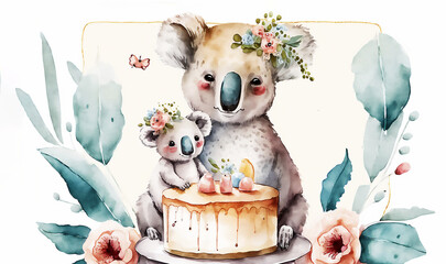 Happy Mother's Day. Cute mother and baby koala together. Watercolor Vector illustration. Generated AI