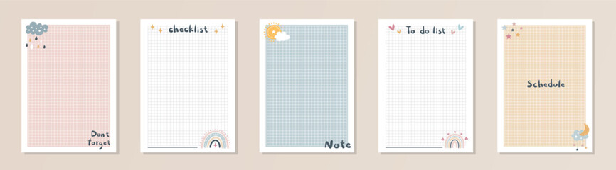 Set of memo with cute hand-drawn illustration. Template for planners, checklists, cards, notebooks, agenda, schedule and other stationery.