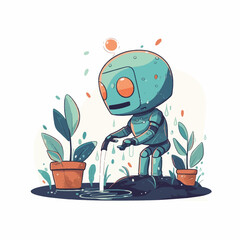 Cute robot watering plants.Vector illustration of technology helping the environment. Earth day.