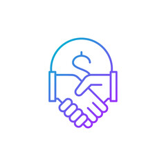 Coin with handshake, contract agreement, partnership, teamwork gradient lineal icon. Finance, payment, invest finance symbol design.