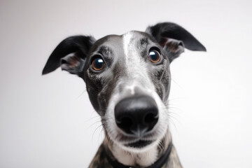 Selfie portrait of greyhound dog in studio on white background. Generative AI