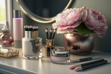 Obraz na płótnie Canvas Dressing table with cosmetics for makeup. Super photo realistic background, generative ai illustration