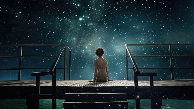 Woman on diving board, dive on space. Generative AI