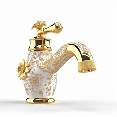 Fototapeta na wymiar Old model royal gold embossed floral design tap in white background dynamic lighting, hyper - detailed, hyper - realistic 