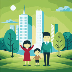 Family on the background of the city. Eco city. Eco concept. Vector illustration.