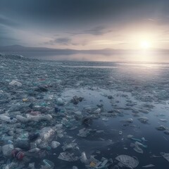 sunrise over the sea, plastic, pollution, 