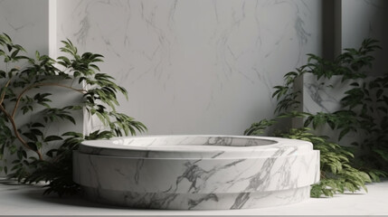 Luxury marble, blocks, cylindrical plinths, concept scenes, stage performances, products, creams, perfumes, with space for text. Modern surreal elements. Generative Ai.