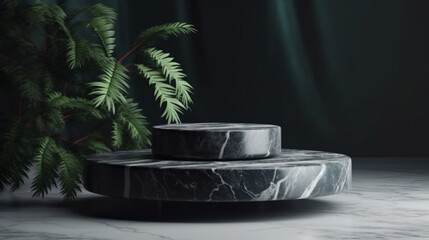 Luxury marble, blocks, cylindrical plinths, concept scenes, stage performances, products, creams, perfumes, with space for text. Modern surreal elements. Generative Ai.