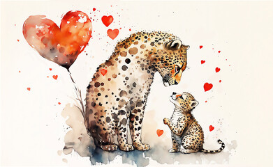 Leopard mother and baby. Cute cartoon leopard family.  Greeting card. Watercolor cartoon illustration. Generative AI