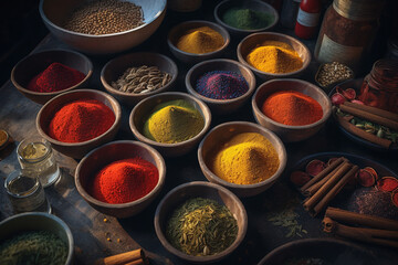 Assorted spices, invigorating, aromatic, bright, spice shop. ai generative