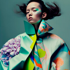 Pastel-tinged Oriental beauty dons avant-garde trench coat in studio fashion shoot against soft blue backdrop