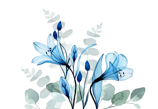 watercolor drawing. seamless border with transparent flowers and eucalyptus leaves.