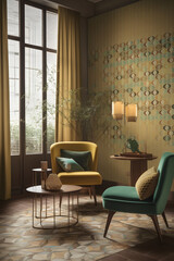Create a retro-style image featuring Milan, with geometric shapes and patterns in green, yellow and beije