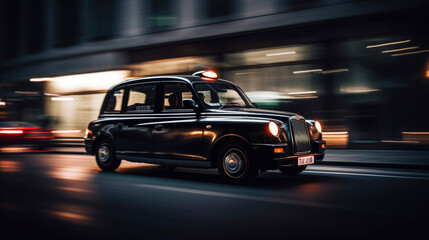 Rushing Black Cab taxi at night. Generative AI