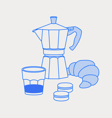Moka pot, a glass of coffee, croissant, two macarons. Coffee time composition. Line art, retro. Vector illustration for coffee shops, cafes, and restaurants.