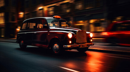 Obraz na płótnie Canvas Rushing Black Cab taxi at night. Generative AI