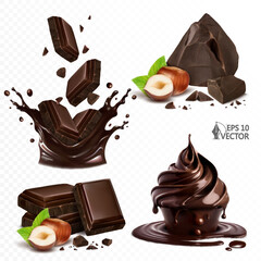 Realistic chocolate pieces falling into a liquid splash. Dark chocolate with natural hazelnuts. Creamy dessert. 3d realistic vector illustration set