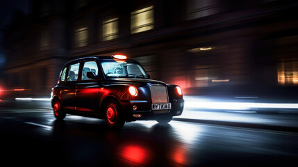 Fototapeta na wymiar Rushing Black Cab taxi at night. Generative AI
